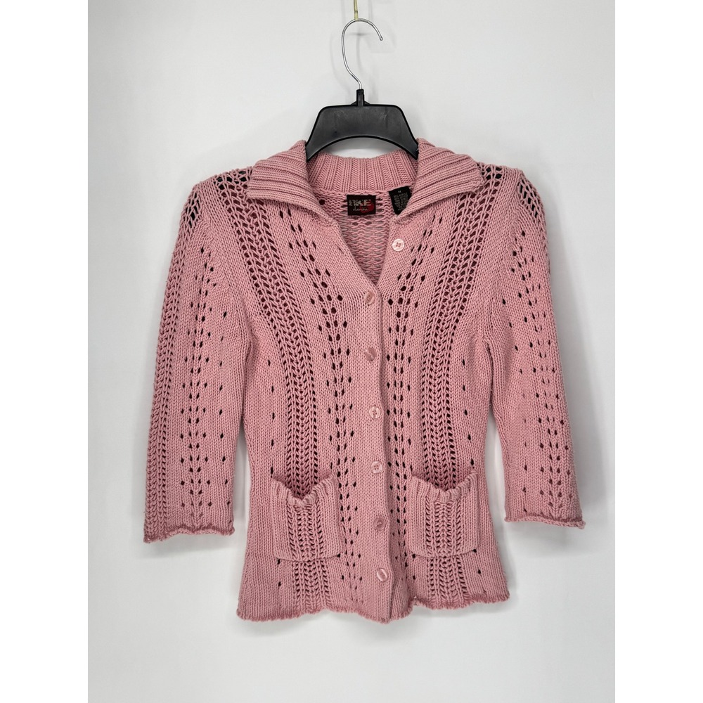 BKE Denim Cardigan Womens Medium Pink  Pointelle Knit 3/4 Sleeve Button Front